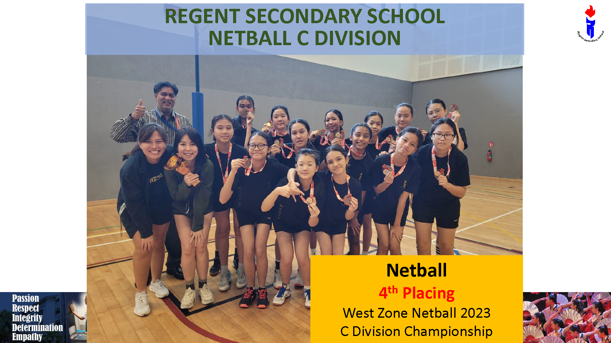 Regent Secondary School netball team posing with medals after achieving 4th place at West Zone 2023.